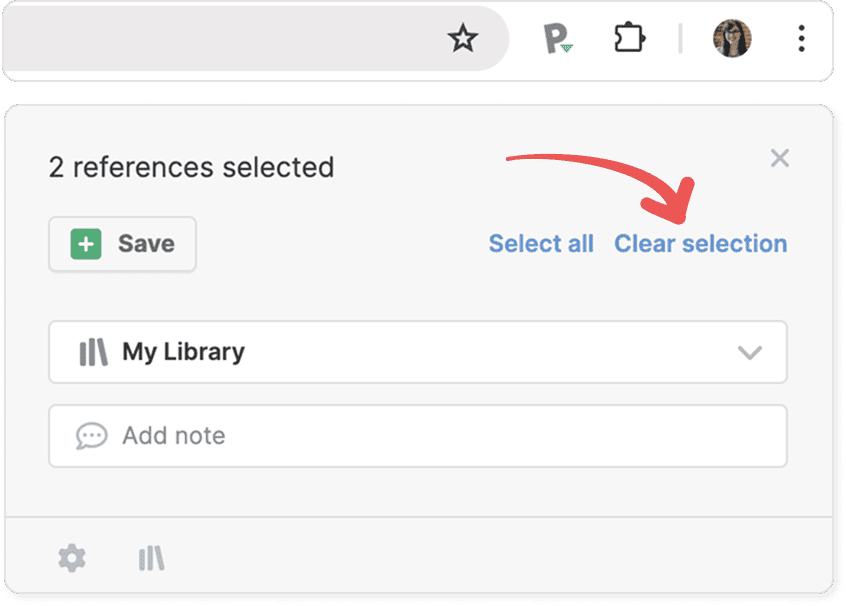 The Paperpile extension popup reading “2 references selected” with a red arrow pointing to the “Clear selection” link beside “Select all”, above the destination selector and note field.